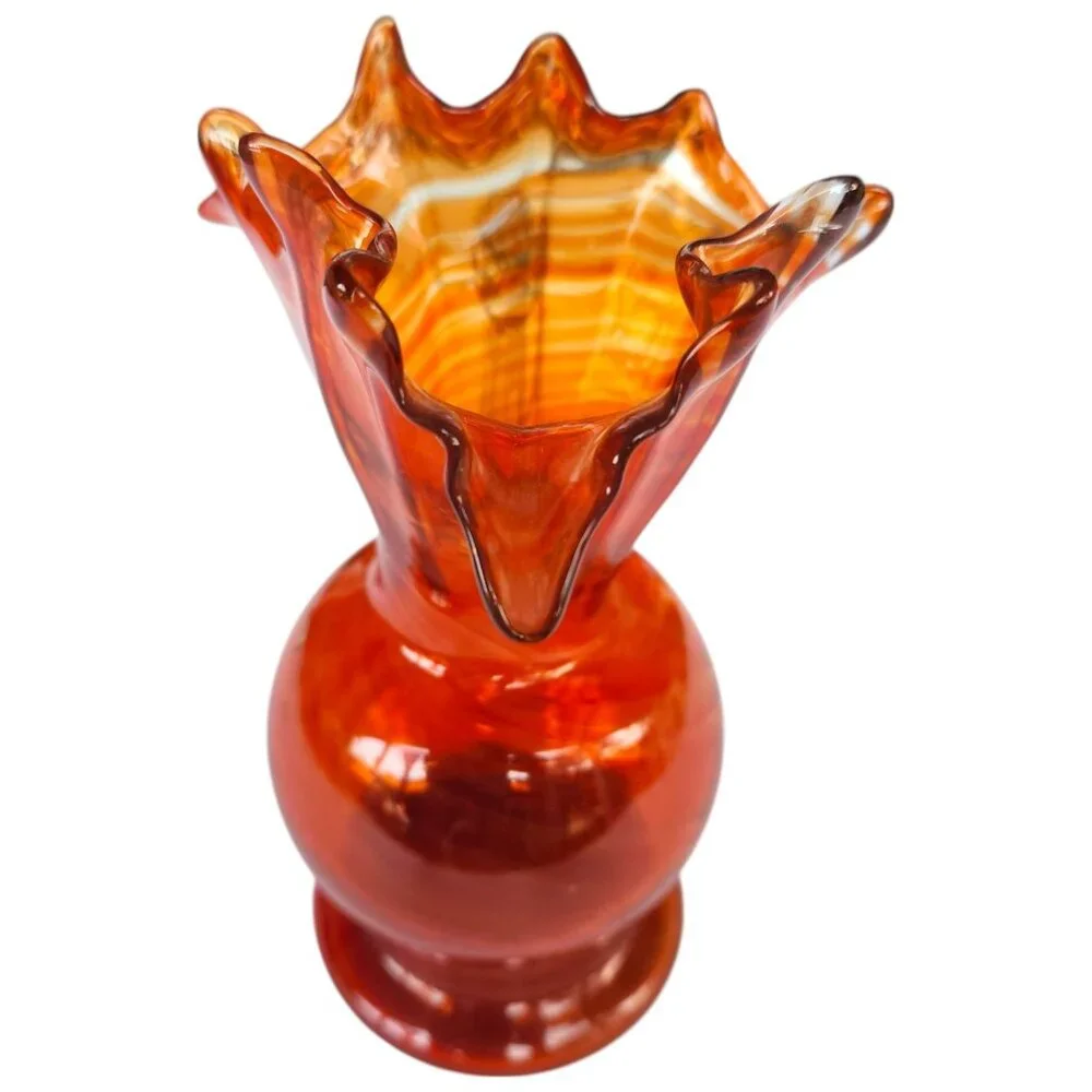 Vintage Fenton Orange Swirl Ruffled Fluted Pitcher Vase 7” x 3” Blue Tint Handle